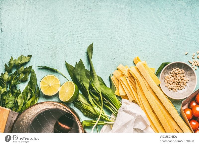 Wild garlic noodles cooking ingredients Food Vegetable Herbs and spices Nutrition Lunch Organic produce Vegetarian diet Diet Crockery Pot Style Design Healthy
