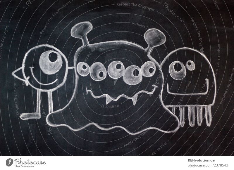 Table Art Monsters Blackboard White Idea Creativity Character Versatile Exceptional 3 people Group Together Painted Drawing Chalk drawing Eyes Difference Creepy
