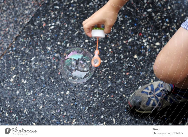 Save The World Playing Child Hand Legs Footwear Round Black Soap bubble Bubble Crouch Stoop Catch Pavement Dazzling Delicate Children's game Colour photo