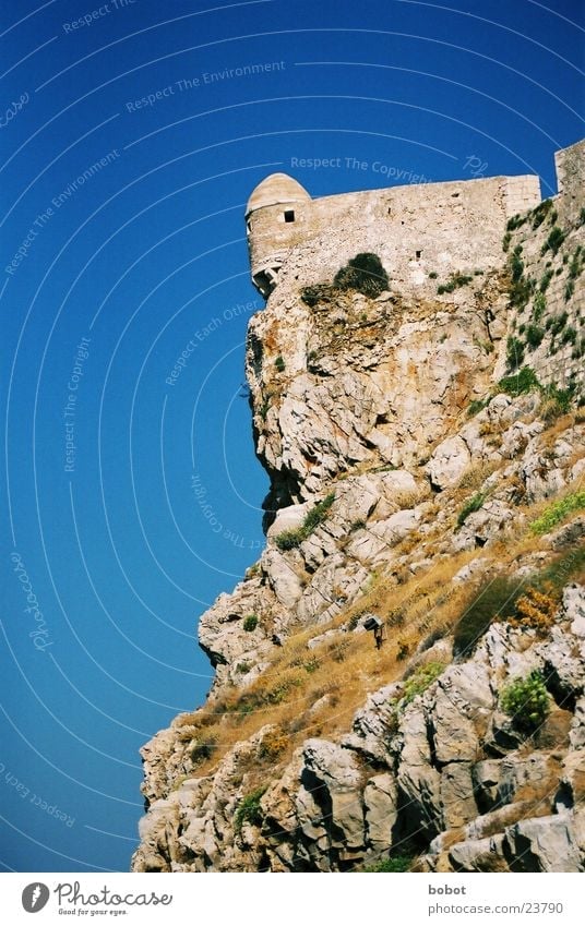 Fortessa Crete Rethimnon Greece Fortress Wall (barrier) Cliff Gravel Defensive Architecture Mediterranean sea Tower Sky Blue Stone Rock Castle