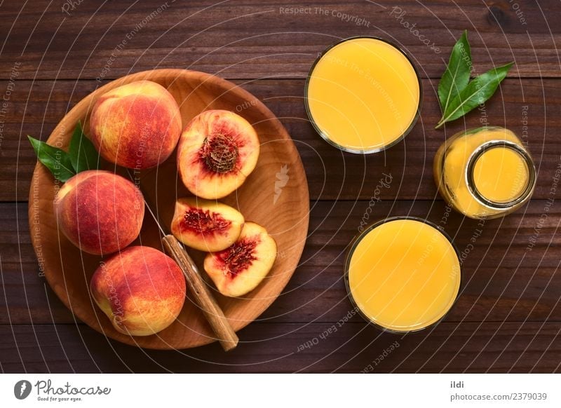 Peach Juice or Nectar Fruit Beverage Fresh food drink drupe Refreshment sweet glass healthy overhead Top Rustic Horizontal refreshing Colour photo