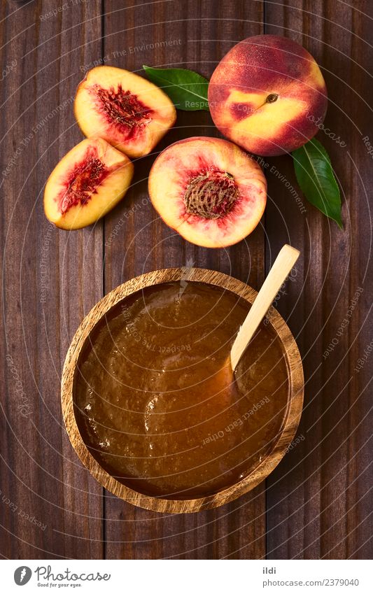 Peach Jam or Jelly Fruit Breakfast Fresh food jelly Spread sweet Snack drupe Rustic confiture Top overhead Vertical ingredient bowl spoon Colour photo