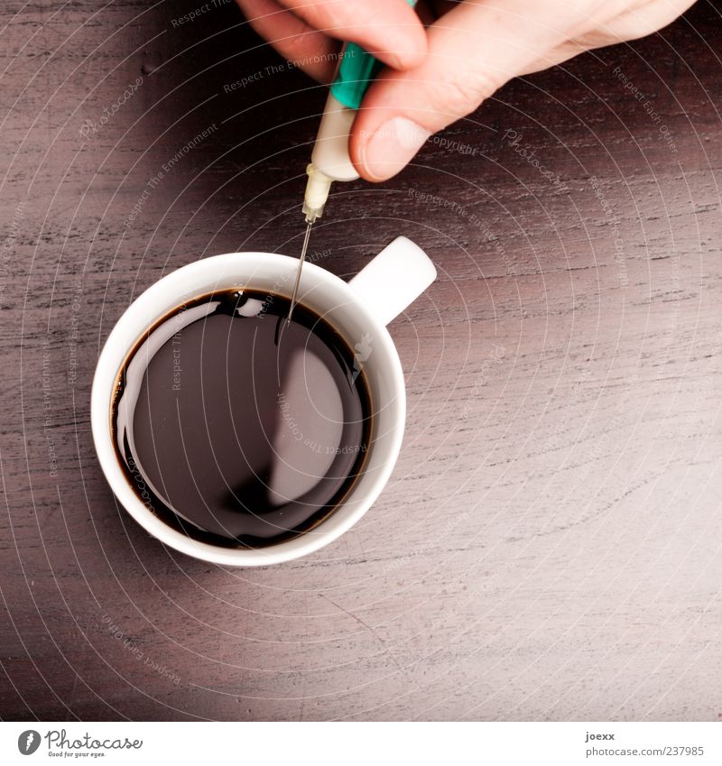 extra Coffee Cup Fingers Wood Fluid Astute Round Brown Green White Lack of inhibition Society Risk Syringe Doping Caffeine Inject Colour photo Interior shot