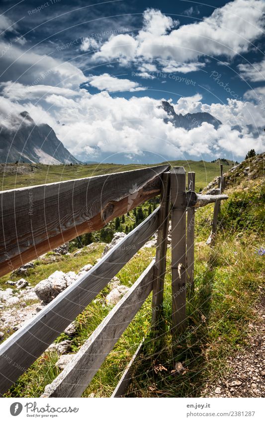 STOP Vacation & Travel Trip Summer Summer vacation Mountain Hiking Nature Landscape Sky Clouds Meadow Alps Dolomites South Tyrol Fence Wooden fence Idyll