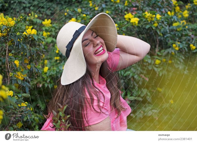 woman with hat in the flower field Lifestyle Exotic Joy Healthy Medical treatment Alternative medicine Feminine Young woman Youth (Young adults) 1 Human being