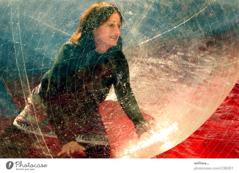 the light catcher Woman Funsport zorbing experiential education Water Illuminate Dream Red Leisure and hobbies Joy Emphasis Reflection Transparent Zorbonaut