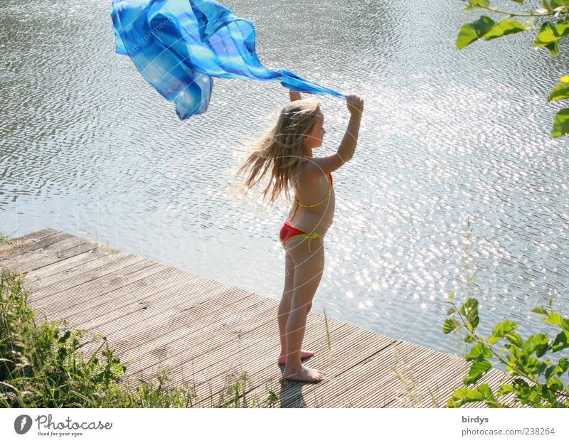 Brother Wind Joy Girl Infancy 1 Human being 3 - 8 years Child Air Water Summer Beautiful weather Lakeside Blonde Long-haired Playing Stand Friendliness Bright
