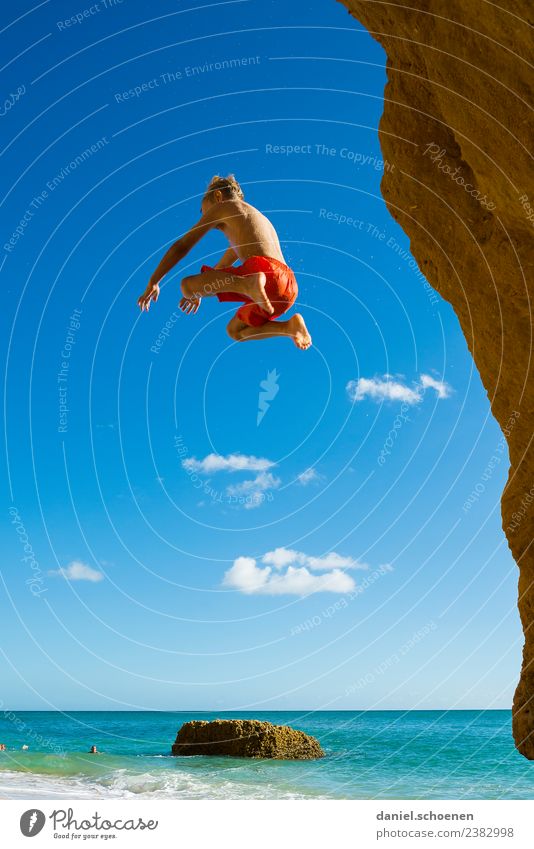 take a plane Vacation & Travel Summer Summer vacation Beach Ocean Human being Masculine Boy (child) 1 8 - 13 years Child Infancy Sky Flying Jump Blue Emotions