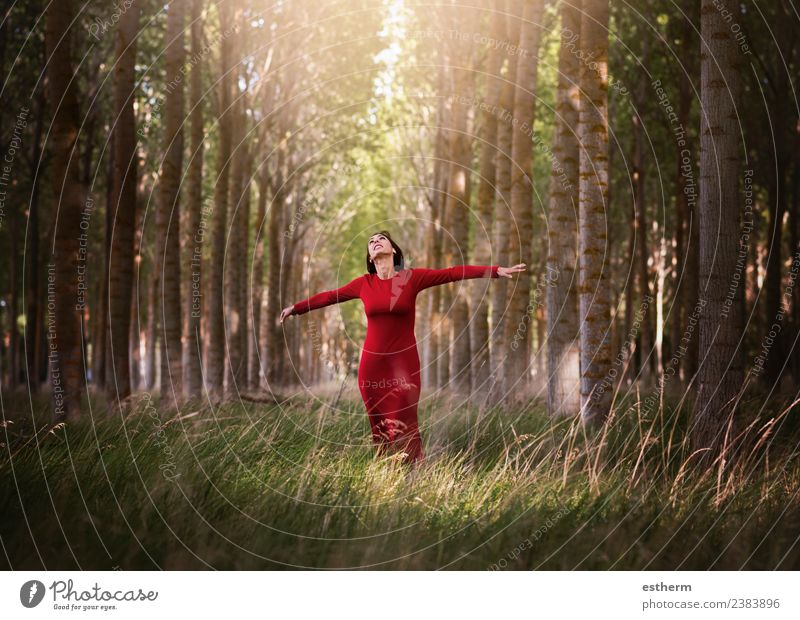 happy girl enjoying life and freedom in the forest Lifestyle Elegant Style Joy Vacation & Travel Trip Adventure Freedom Human being Feminine Young woman