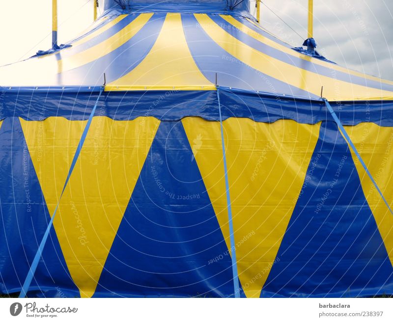 circus performance Fairs & Carnivals Circus Circus tent Sky Clouds Summer Fantastic Large Blue Yellow Culture Colour photo Exterior shot Deserted Day