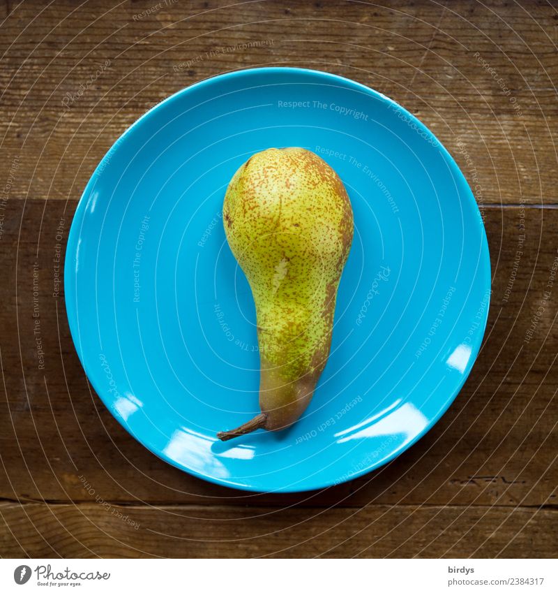 ripe pear with stem on blue plate Fruit Pear Nutrition Organic produce Vegetarian diet Plate Wooden table Fragrance Esthetic Authentic Simple Delicious Positive