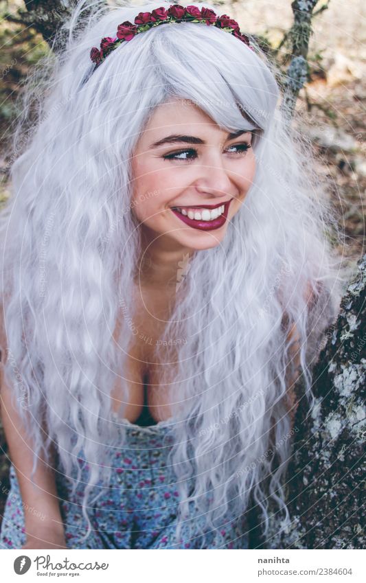 Cheerful young woman wearing a gray wig Lifestyle Style Exotic Joy Beautiful Hair and hairstyles Wellness Human being Feminine Young woman Youth (Young adults)