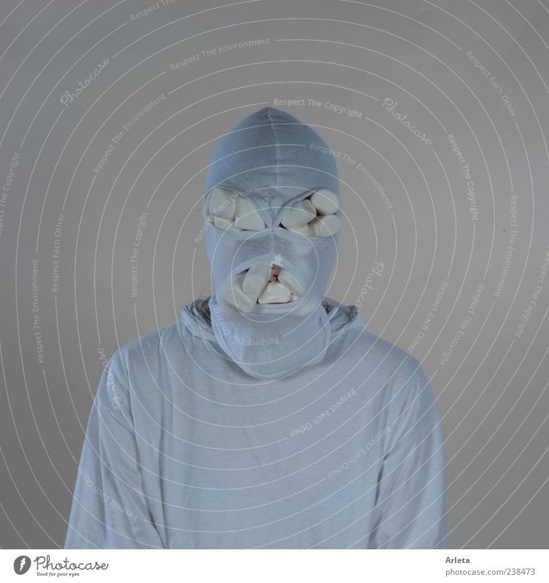 marshmallow terrorist Candy Androgynous 1 Human being fabric mask Threat Creepy Rebellious Crazy White Apocalyptic sentiment Cold Whimsical Colour photo