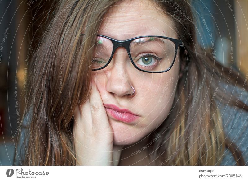 portrait of bored teenager Illness Life Feminine Young woman Youth (Young adults) 1 Human being Piercing Eyeglasses Observe Authentic Natural Nerdy Cute