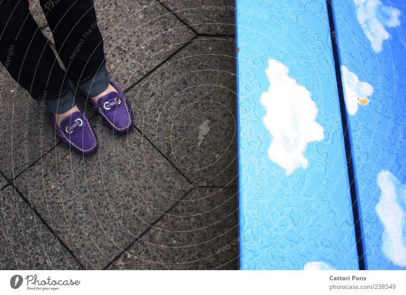 lower level Sky Clouds Footwear Ballerina Stand Bench Rain Wait Wet Ground Stone Wood Division Violet Blue Paving tiles Jeans Colour photo Exterior shot Day