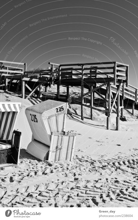 Beach Chair No.225 Vacation & Travel Sand Cloudless sky Beautiful weather Beach chair Sylt Black & white photo Exterior shot Sunlight Footbridge Tracks