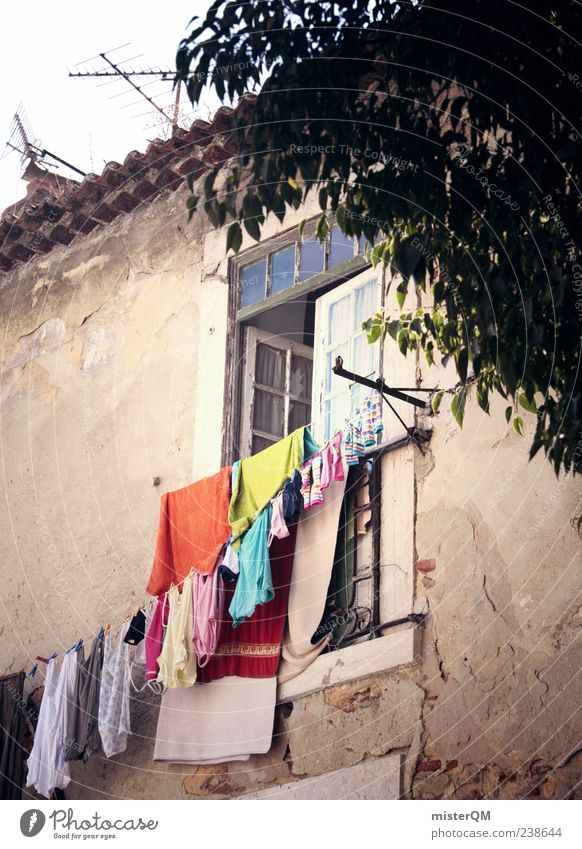 Mediterranean everyday life. Village Portugal Lisbon Washing day Laundry Window Facade Clothesline Vacation & Travel Vacation photo Vacation mood