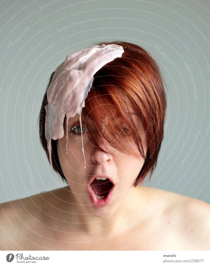crappy day Food Yoghurt Nutrition Human being Feminine Woman Adults Skin Head Hair and hairstyles Face 1 Disgust Red-haired Amazed Strawberry yoghurt
