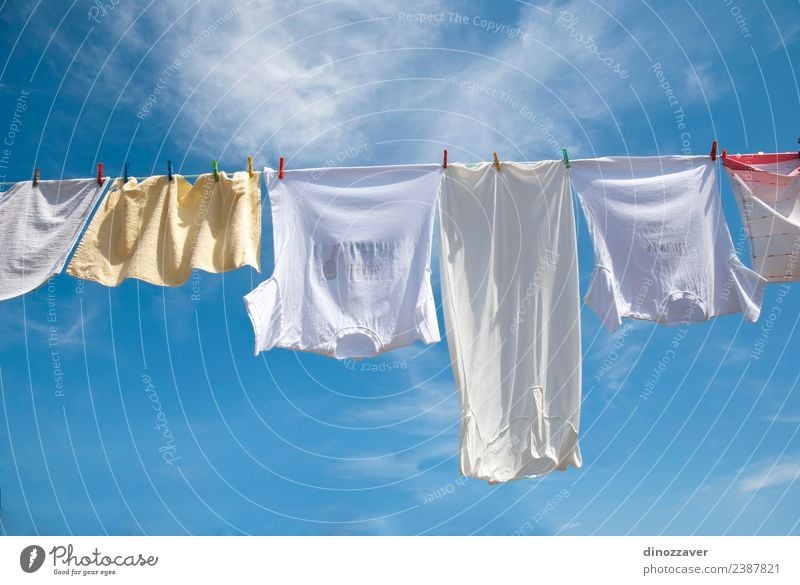 Laundry drying on the rope Summer Sun Rope Sky Wind Clothing T-shirt Shirt Pants Underwear Line Hang Fresh Bright Clean Blue Red White Energy Colour laundry