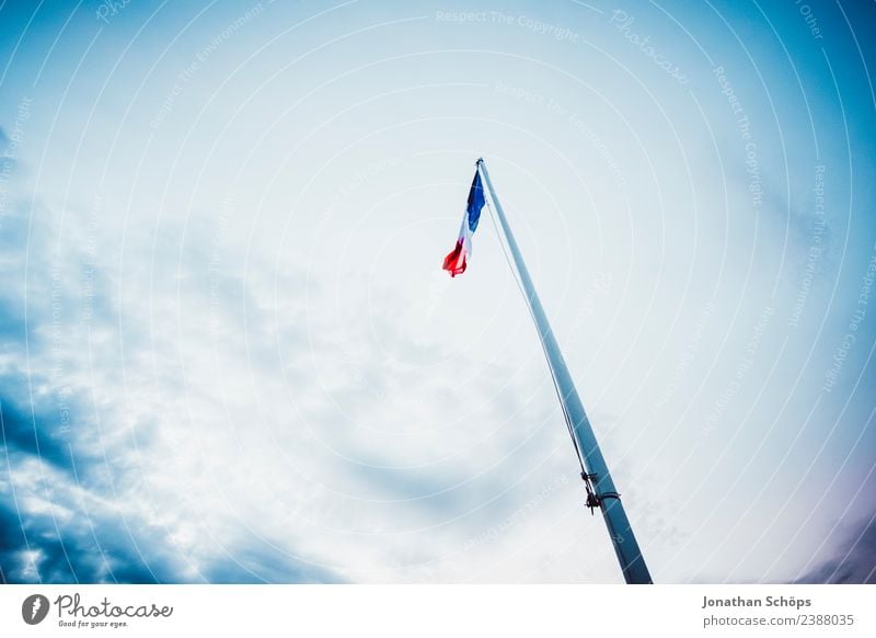 the waving flag of France against a blue sky Sky Wind Flag Blue Blow Pole Flagpole Patriotism Nationalities and ethnicity Civic pride Vignetting Upward