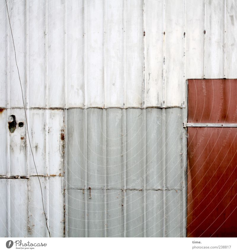 Stable wall with cable and red door Cable Door Plastic Old Esthetic Red Tin Wall (building) Decompose overlap patchwork Vertical Parallel Hinge Multicoloured