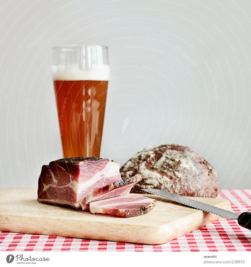 hearty snack Food Meat Sausage Bread Nutrition Dinner Beverage Drinking Alcoholic drinks Beer Brown Brunch Knives Wooden board Rustic Fat Bacon Ham