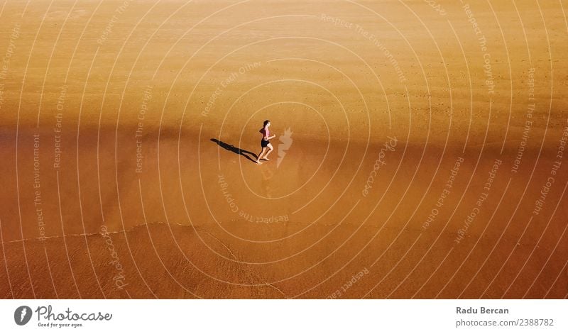 Aerial View Of Sportive Woman Running On Beach Summer Sun Ocean Sports Fitness Sports Training Track and Field Jogging Human being Feminine Young woman