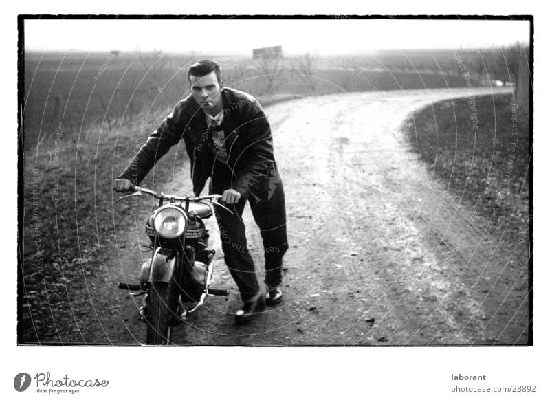 mopedman Scooter Leather jacket The fifties Man Black & white photo Landscape