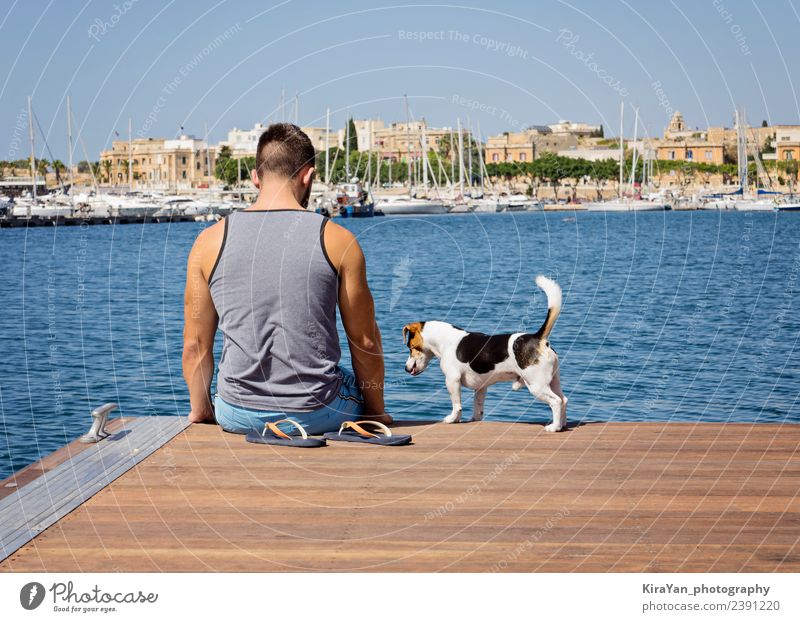 A man with a dog walking on the floating pier Happy Vacation & Travel Summer Sun Ocean Man Adults Friendship Nature Sky Autumn Coast Town Skyline Bridge Pet Dog