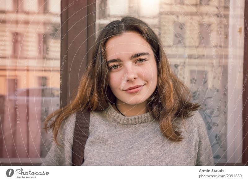 Portrait of young woman smiling in front of a window Lifestyle Style Joy Happy pretty Well-being Contentment Senses Human being Feminine Young woman