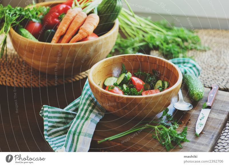 fresh salad with cucumbers and tomatoes Vegetable Lunch Dinner Plate Lifestyle Summer Table Kitchen Wood Growth Fresh cook Salad Cut Home Housekeeping Tomato