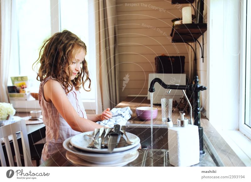 child girl wash dishes in kitchen Dinner Plate Lifestyle House (Residential Structure) Kitchen Child Work and employment Woman Adults Mother Authentic Small
