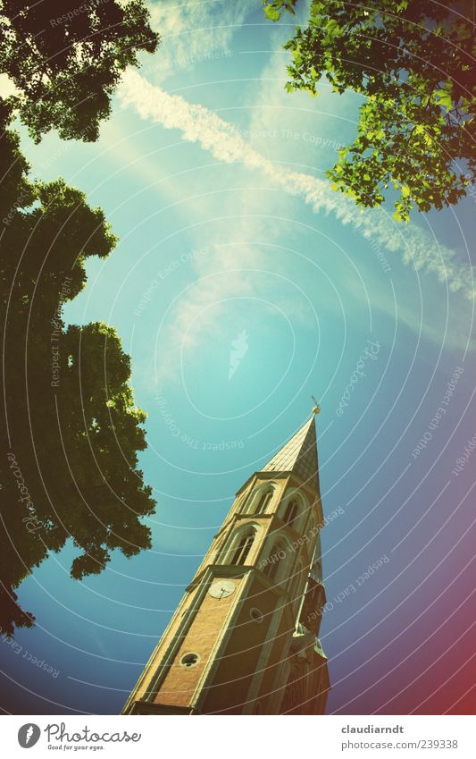 Skywards Beautiful weather Tree Church Manmade structures Hope Belief Church spire Vapor trail God Christianity Braunschweig Retro Colours Himmelsstürmer Above