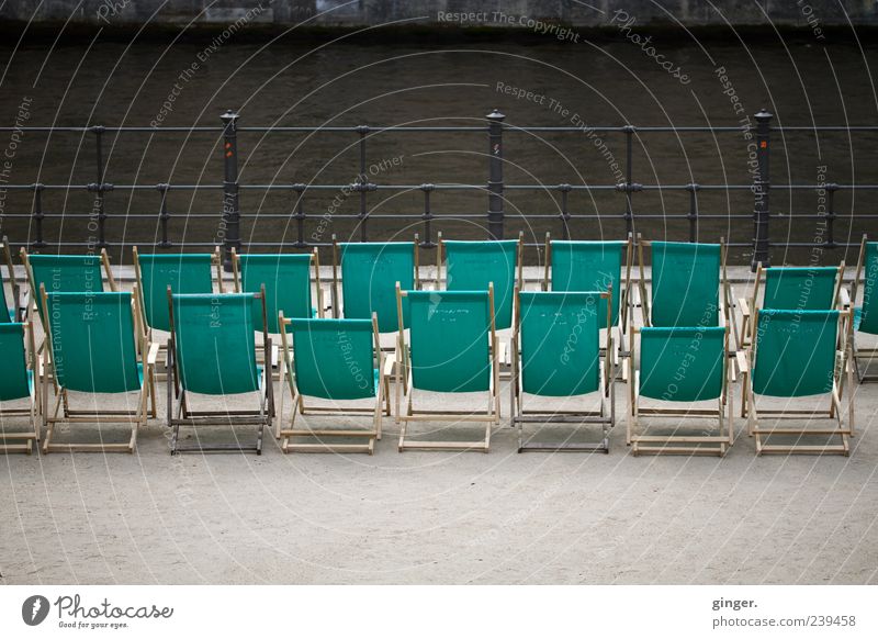 Berlin lido Vacation & Travel Summer Turquoise River Spree Green Handrail Row Beaded Behind one another Deckchair Well-being Rear view Deserted Empty Break