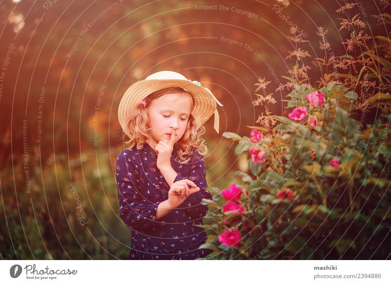 dreamy kid on summer walk Lifestyle Face Relaxation Vacation & Travel Summer Sun Garden Child Woman Adults Infancy Nature Warmth Flower Leaf Forest Dress String