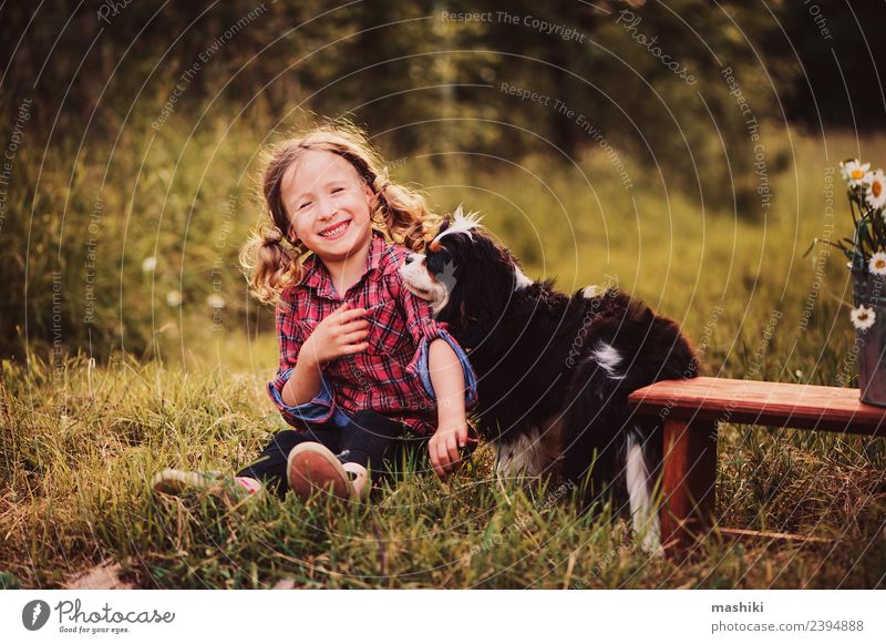 child playing with dog in summer Joy Beautiful Playing Vacation & Travel Summer Garden Child Infancy Nature Warmth Flower Grass Forest Smiling Happiness Small