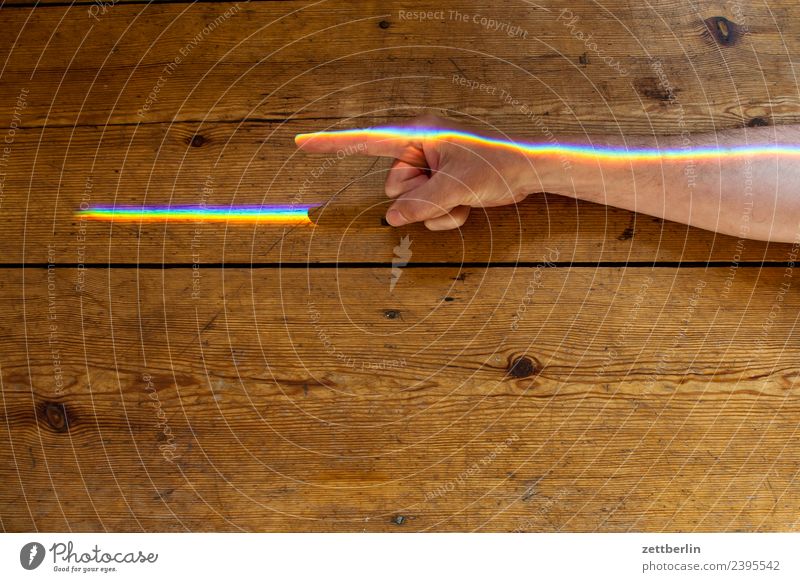 Index finger with coloured light Arm Multicoloured Colour Fingers Hand Light Refraction Beam of light Man Human being Physics Prism Rainbow Prismatic colors