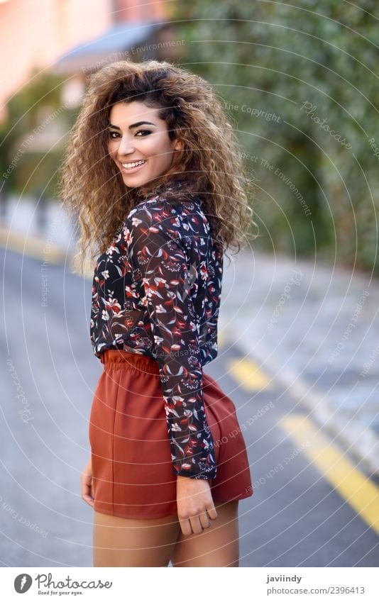 Happy young arabic woman with black curly hairstyle Lifestyle Style Joy Beautiful Hair and hairstyles Human being Feminine Young woman Youth (Young adults)