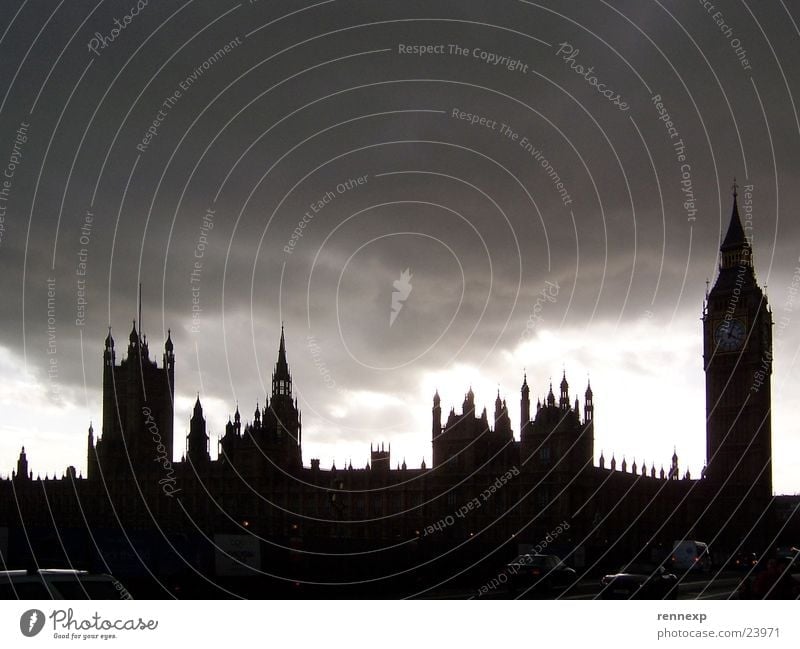 Spooky Houses of Parliament London England Creepy Dark Back-light Clouds Big Ben Government Panorama (View) Great Britain Black & white photo Landmark Monument