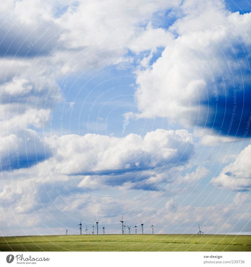 The ray of hope Environment Nature Landscape Sky Clouds Summer Meadow Hill Rotate Sustainability Blue Green Climate Wind energy plant Pinwheel Renewable energy