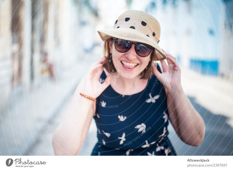 Portrait of woman with blue dress, sunglasses and hat Cuba Havana Island Vacation & Travel Travel photography Trip Sightseeing Alley Street Town Blue sky