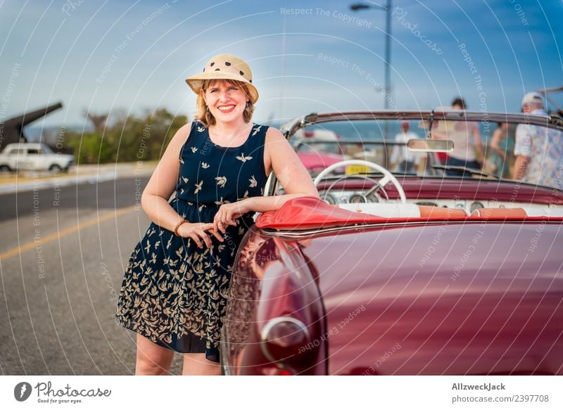 Portrait of a woman with a blue dress and a hat on a vintage car Cuba Havana Island Vacation & Travel Travel photography Trip Sightseeing Vintage car
