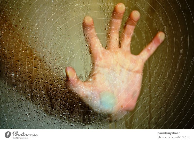 Female hand on glass shower door Relaxation Sauna Swimming & Bathing Human being Woman Adults Arm Hand Fingers 1 Touch Aggression Creepy Uniqueness Wet Yellow