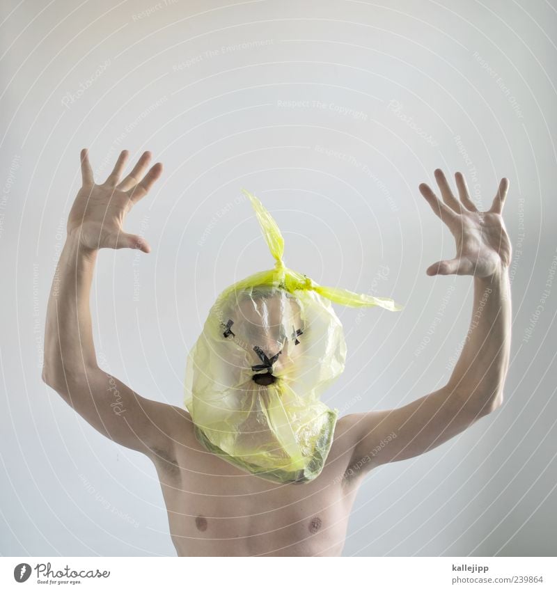 coward Human being Masculine Man Adults Skin Head Chest Arm Hand Fingers 1 Animal Animal face Dangerous Disbelief Perturbed Plastic bag Garbage bag Yellow