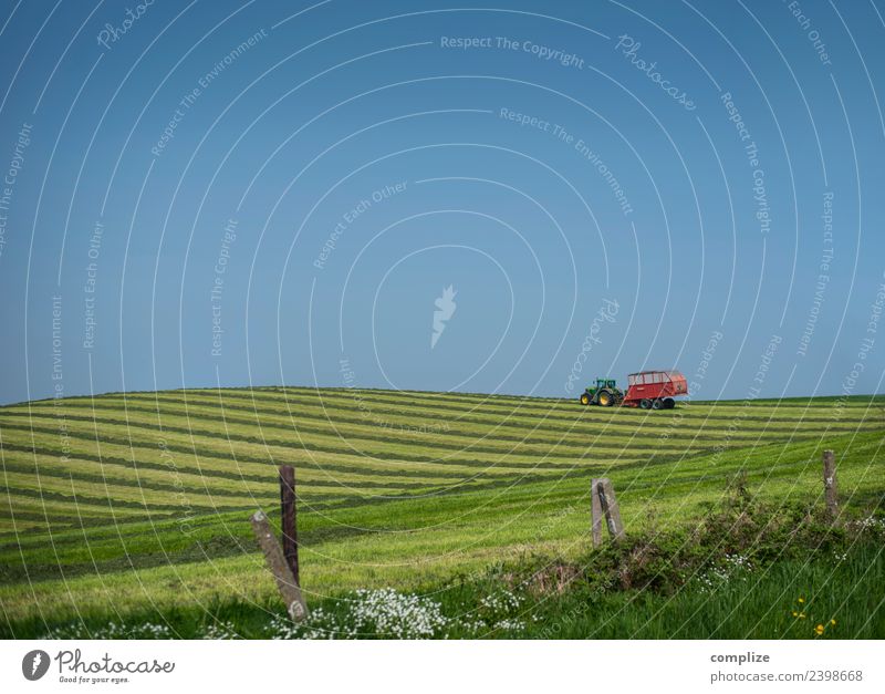 Agriculture II Food Vacation & Travel Freedom Gardening Workplace Forestry Environment Nature Sky Cloudless sky Climate Meadow Field Hill Tractor Trailer