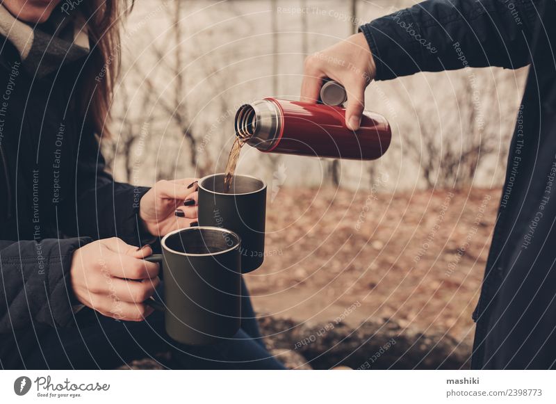happy couple drinking hot tea outdoor Tea Lifestyle Joy Happy Knit Vacation & Travel Camping Woman Adults Man Family & Relations Friendship Couple Nature Autumn