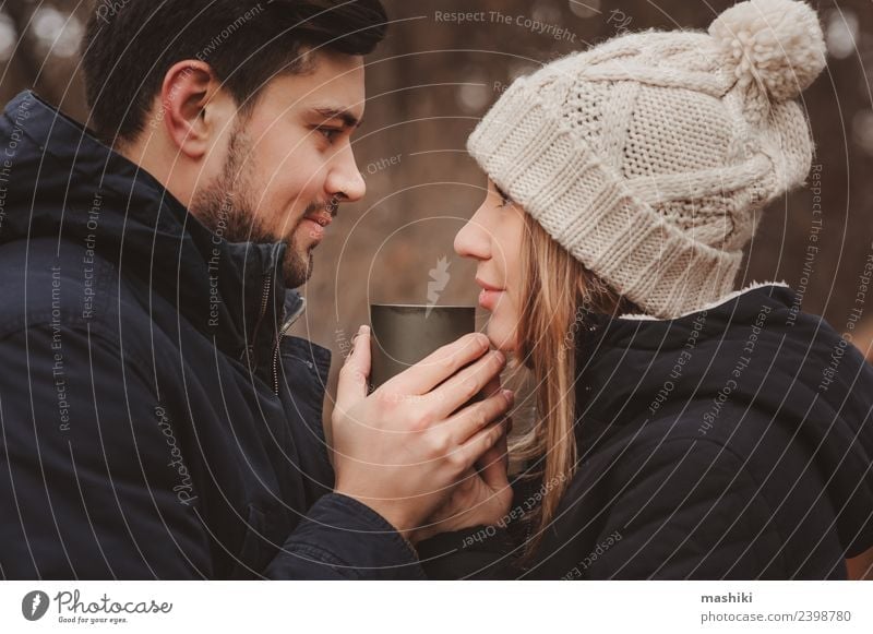 happy couple drinking hot tea outdoor Tea Lifestyle Vacation & Travel Camping Woman Adults Man Family & Relations Friendship Couple Nature Autumn Forest Smiling