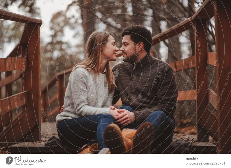 young couple happy together outdoor Lifestyle Joy Vacation & Travel Woman Adults Man Family & Relations Friendship Couple Nature Autumn Forest Bridge Wood