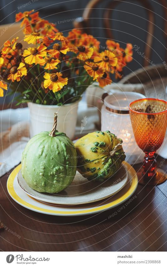 autumn traditional table setting for Thanksgiving Vegetable Dinner Decoration Table Feasts & Celebrations Hallowe'en Autumn Flower Leaf Places Candle Delicious