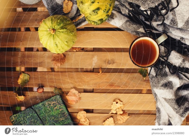 cozy autumn morning at country house Tea Lifestyle Relaxation Garden Decoration Table Autumn Warmth Leaf Wood Dream Hot Modern Safety (feeling of) Comfortable